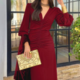 Women V Neck Long Sleeve Maxi Dress with Ruched Bodice