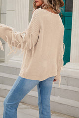 Women Solid Color Tassel Pullover Sweater Rosy / L