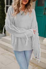 Women Solid Color Tassel Pullover Sweater Rosy / L