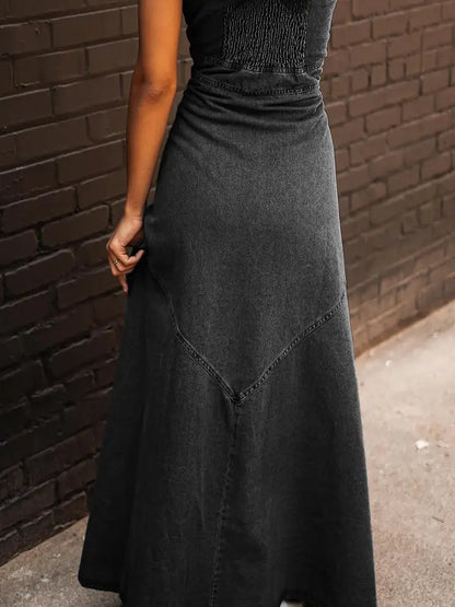 Women Button Front A Line Denim Maxi Dress