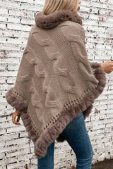 Women Faux Fur Collar Chunky Cable Knit Sweater Cape Coffee