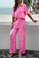 Printed Button Up Shirt and Pants 2pcs Set Black