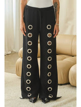 Women French Terry Sweatpants Wide Leg with Grommet Detail Pant