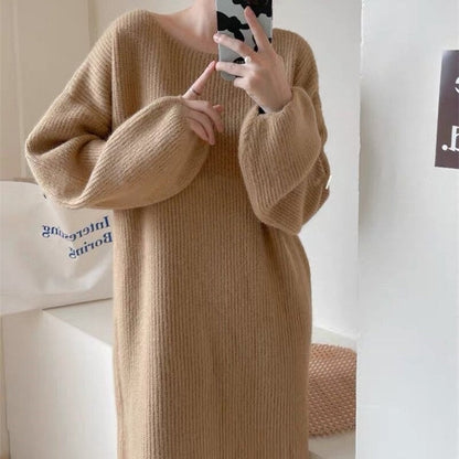 Women Loose Fit Solid Color Knee Length Sweater Dress