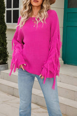 Women Solid Color Tassel Pullover Sweater Rosy / L