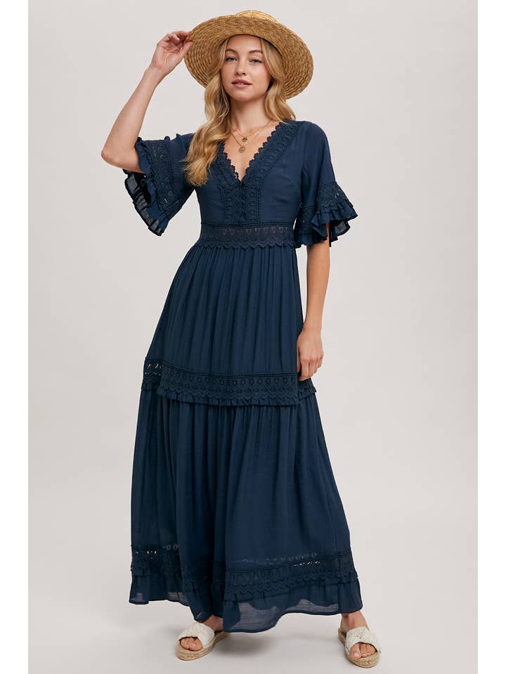 Women V- Neck Lace trim Maxi Dress By Bluivy
