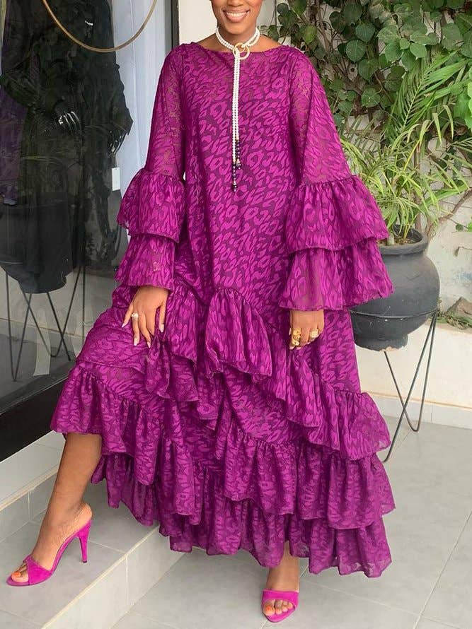 Women Flared Sleeves Loose Falbala Solid Color Round-Neck Maxi Dresses: PURPLE / L