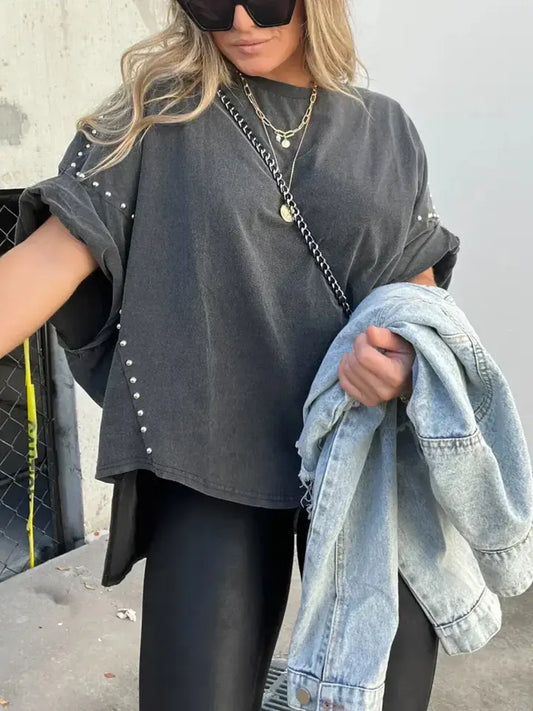 Casual Roll Up Sleeve Oversized Studded Wash Tee