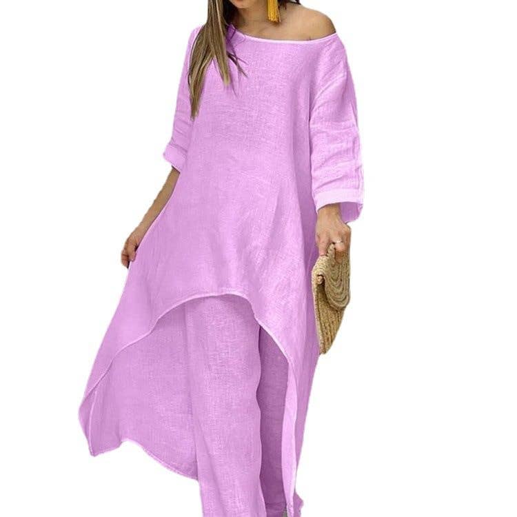 New Women's Cotton Linen Casual Wide Leg Pants Two Piece Set