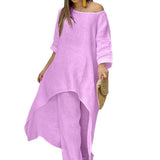 New Women's Cotton Linen Casual Wide Leg Pants Two Piece Set