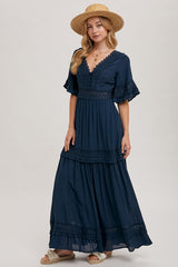 Women V- Neck Lace trim Maxi Dress By Bluivy
