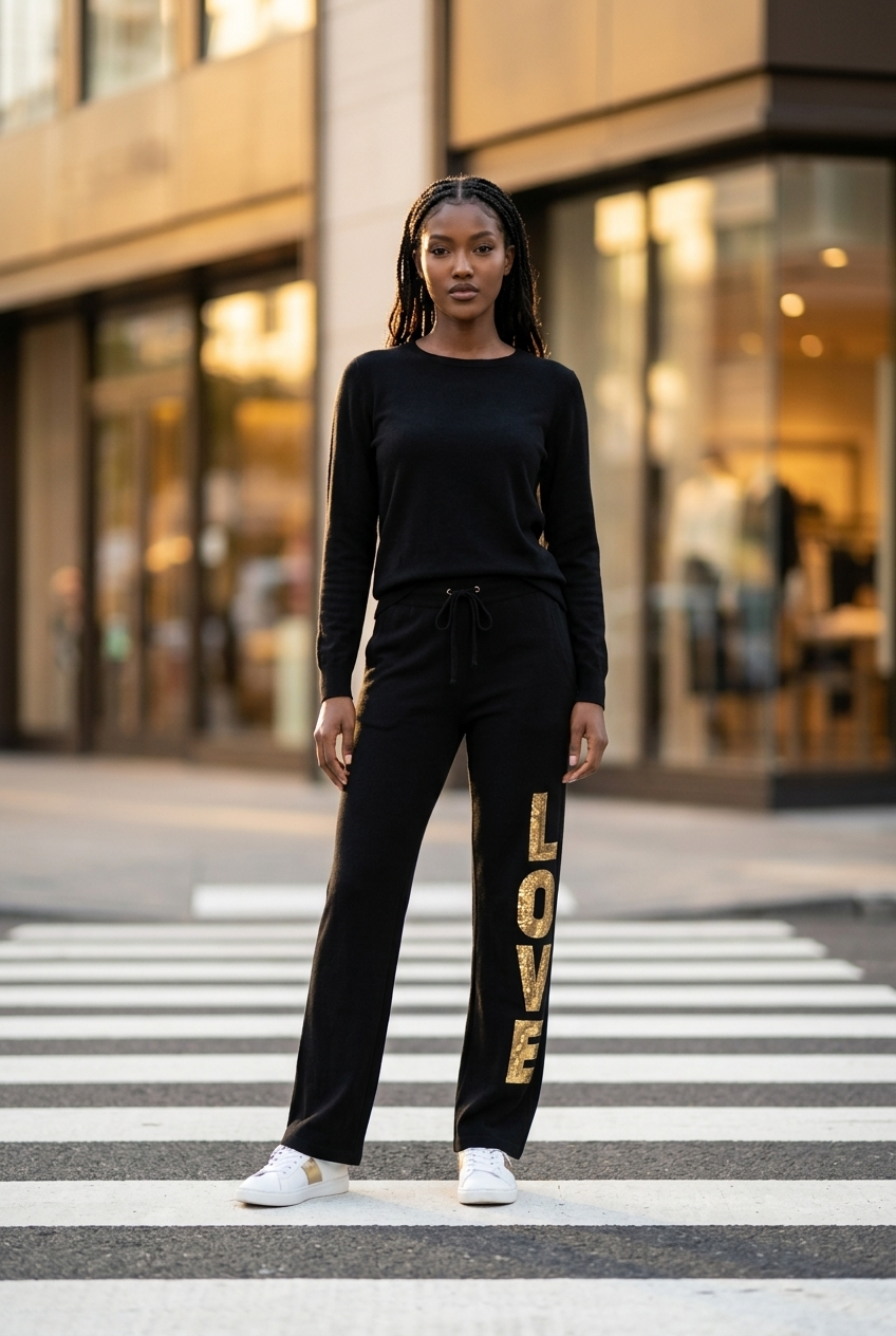 Womens Drawstring Pant - Sequin Gold Love