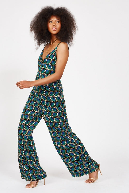 Women V Neck Jumpsuit Peacock Print By Silk & Salt