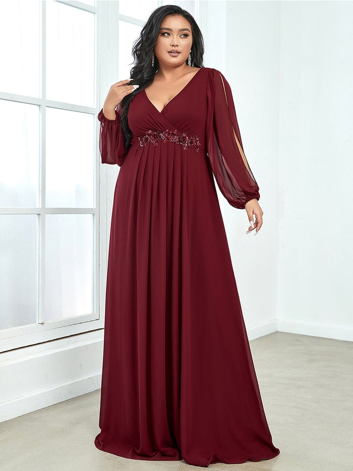 Women Maxi Dress Chiffon Lantern Sleeve Plus Size evening Dress