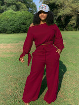 Women Solid Color Long Sleeve Fleece 2 piece Set