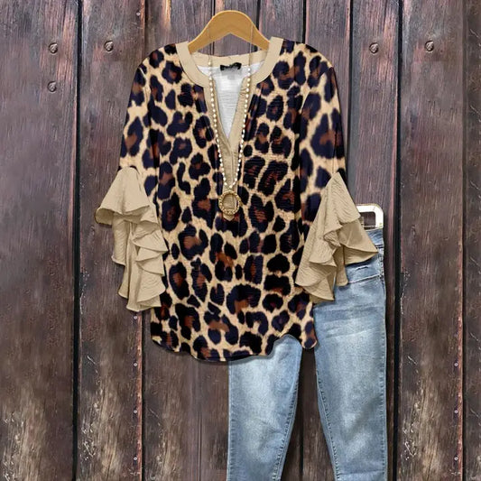 Women Leopard Print Ruffle Top