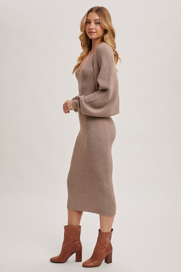 Women V Neck Knit Midi Dress with Knit Shrug Set