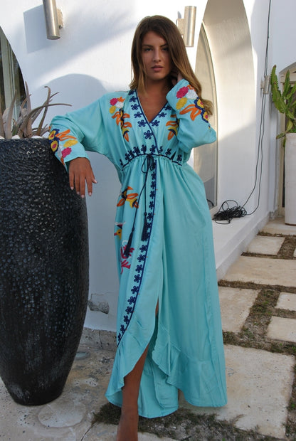 Women Cotton Turquoise Embroidered Bird Kaftan Maxi Dress by Gipci