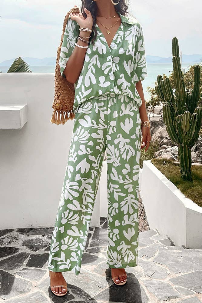 Printed Button Up Shirt and Pants 2pcs Set Black