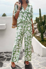 Printed Button Up Shirt and Pants 2pcs Set Black