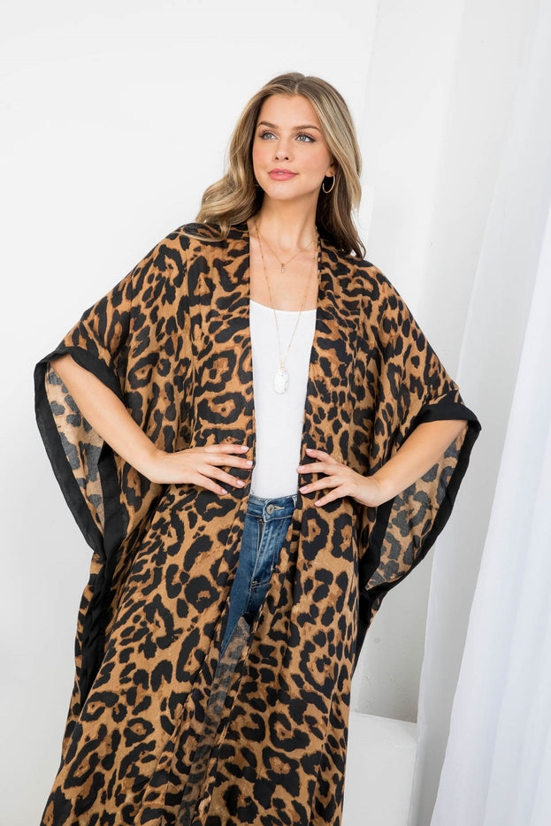 Women Long Open Front  Leopard Print Shawl Kimono