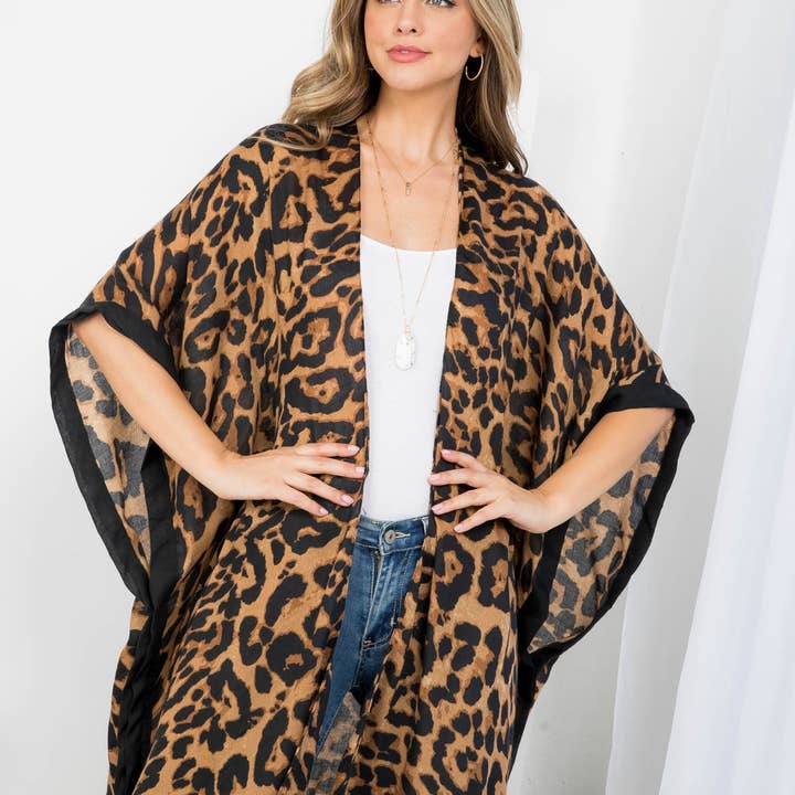 Women Long Open Front  Leopard Print Shawl Kimono