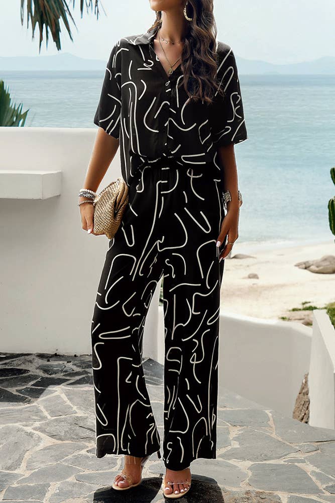 Printed Button Up Shirt and Pants 2pcs Set Black