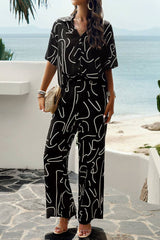 Printed Button Up Shirt and Pants 2pcs Set Black