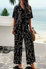Printed Button Up Shirt and Pants 2pcs Set Black