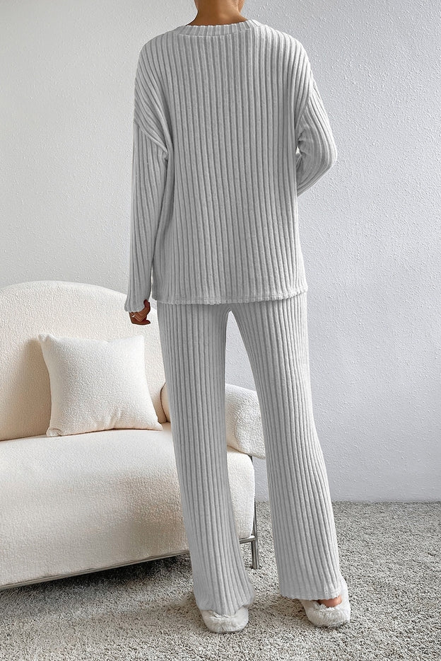 Women Long Sleeve Ribbed Knit V Neck Lounge Set By Lovesoft