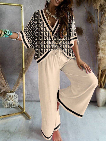 Urban Loose Printed V-Neck T-Shirts Tops& Drawstring Wide Leg Pants Suits: KHAKI / L