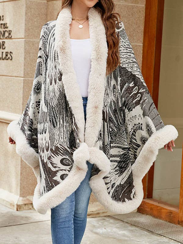Women Long Sleeves Loose Jacquard Keep Warm Velvet Collarless Cape Shawl