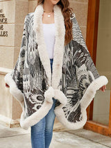 Women Long Sleeves Loose Jacquard Keep Warm Velvet Collarless Cape Shawl