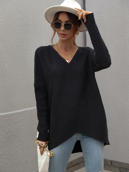 Women V Neck Loose Knit Tunic Sweater