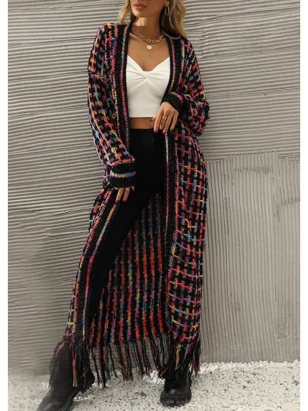 Women Tassel Color Block Maxi Sweater