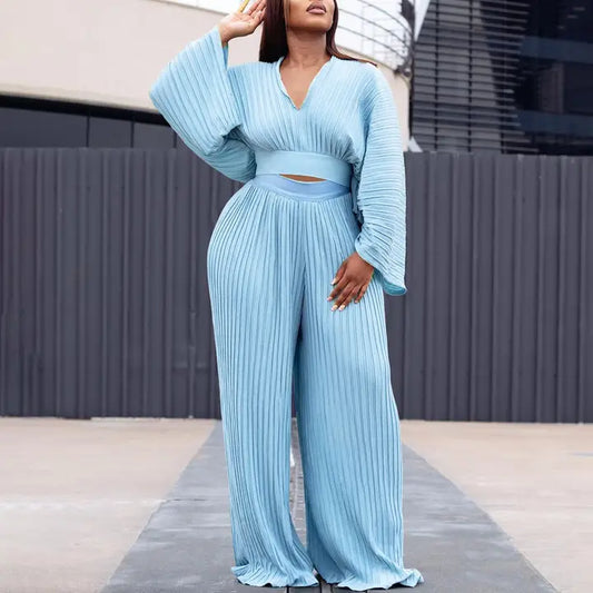 Women Pleated V Neck Pleated Wide Leg Pant