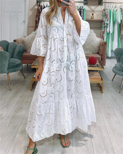 Women Lace Maxi Dress V Neck Loose Swing Cotton By Rosa Clothing