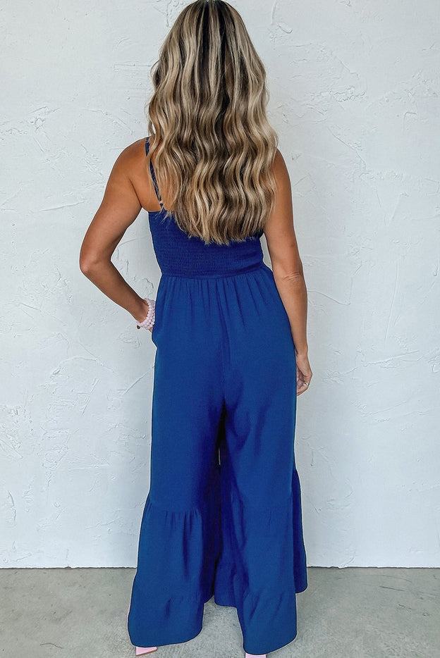 Women Spaghetti Strap Smocked Ruffled Wide Leg Jumpsuit By Lovesoft