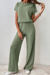 Women Short Sleeve Solid Rib Wide Leg Jumpsuit By Lovesoft