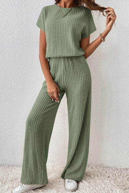 Women Short Sleeve Solid Rib Wide Leg Jumpsuit By Lovesoft