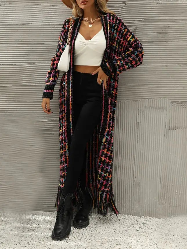 Women Tassel Color Block Maxi Sweater