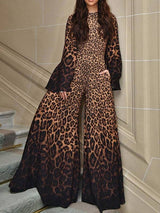 Women Flared Sleeves Long Sleeves Leopard Print Round Neck Jumpsuit