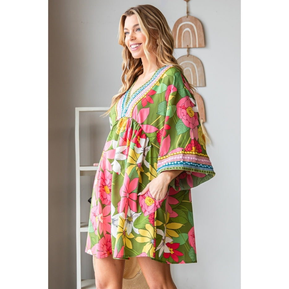 Women Dress Tunic Floral Print with Real Embroidery By Veveret