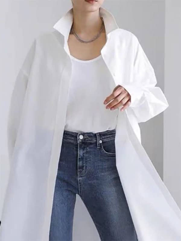 Women Long Sleeve Loose Buttoned Solid Color Split Side Lapel Collar Maxi Shirt