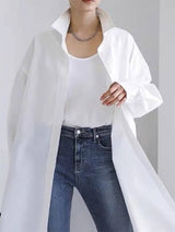 Women Long Sleeve Loose Buttoned Solid Color Split Side Lapel Collar Maxi Shirt