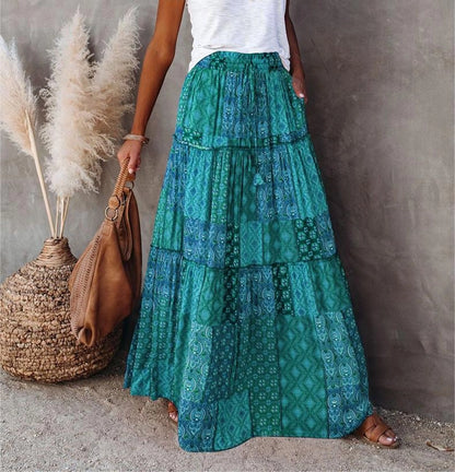 Women Boho Printed Pleated Loose Maxi Skirt By Rosa Clothing