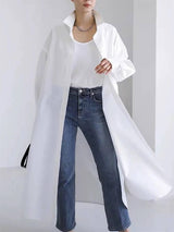 Women Long Sleeve Loose Buttoned Solid Color Split Side Lapel Collar Maxi Shirt
