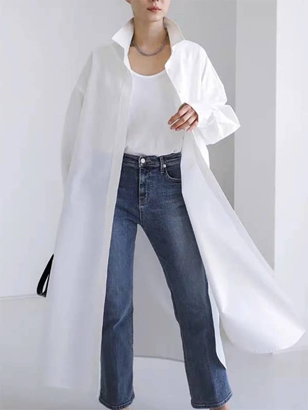Women Long Sleeve Loose Buttoned Solid Color Split Side Lapel Collar Maxi Shirt