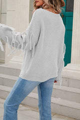 Women Solid Color Tassel Pullover Sweater Rosy / L