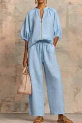 Balloon Sleeve Zip Top and Pants Set